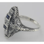 Back view of Art Deco Style Filigree Ring Blue Sapphires and 3 Diamonds Sterling Silver showing 925 sterling silver hallmark