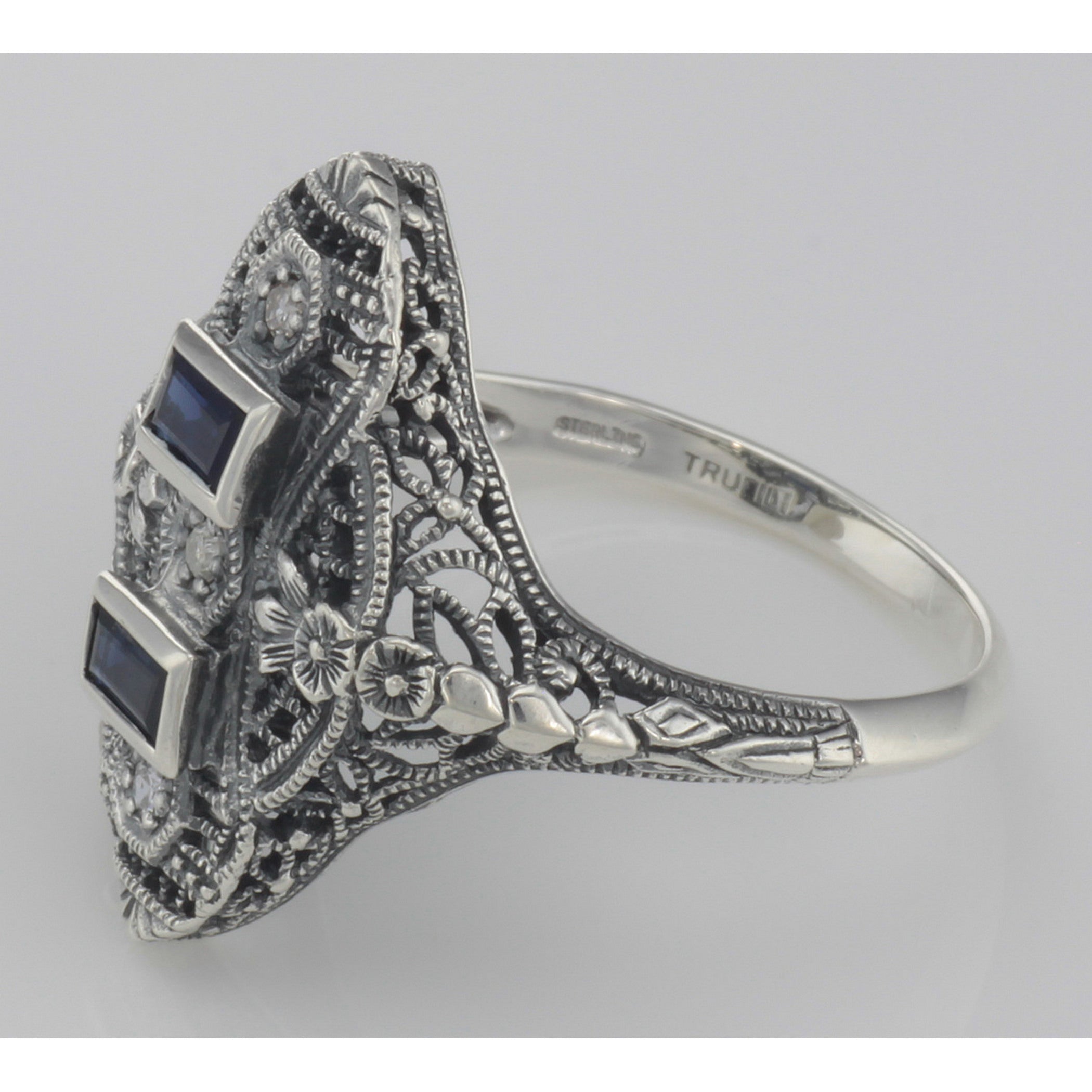 Back view of Art Deco Style Filigree Ring Blue Sapphires and 3 Diamonds Sterling Silver showing 925 sterling silver hallmark