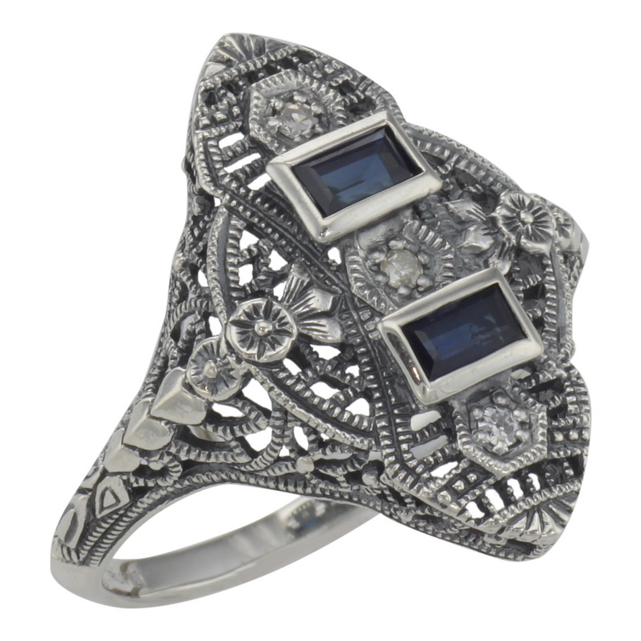 Art Deco style, Sapphire, Diamond, sterling silver rings, front view
