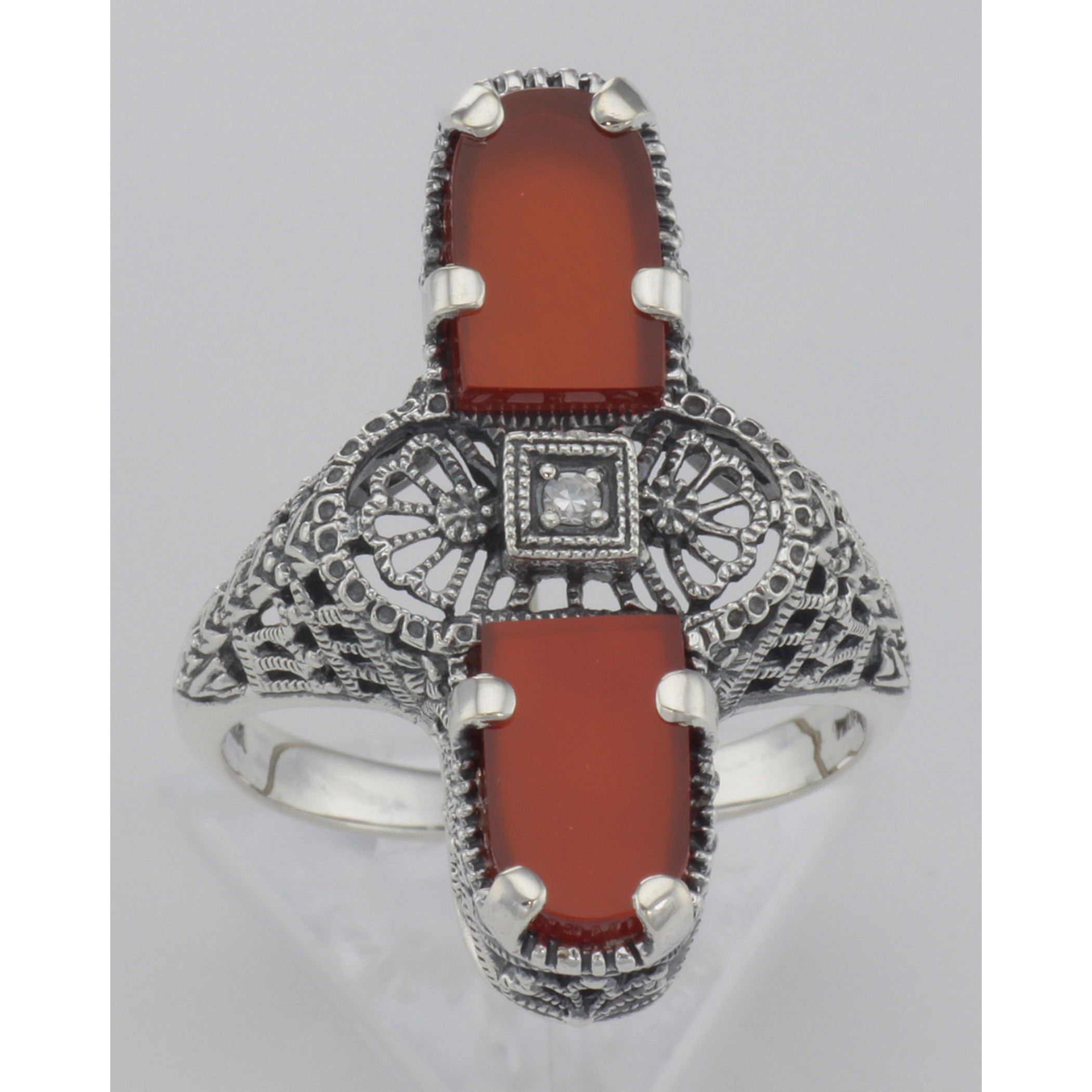 Detail view of Art Deco Style 2 Stone Red Carnelian Diamond Filigree Ring Sterling Silver highlighting Diamond, Carnelian