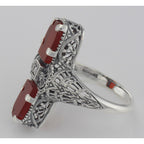 Back view of Art Deco Style 2 Stone Red Carnelian Diamond Filigree Ring Sterling Silver showing 925 sterling silver hallmark