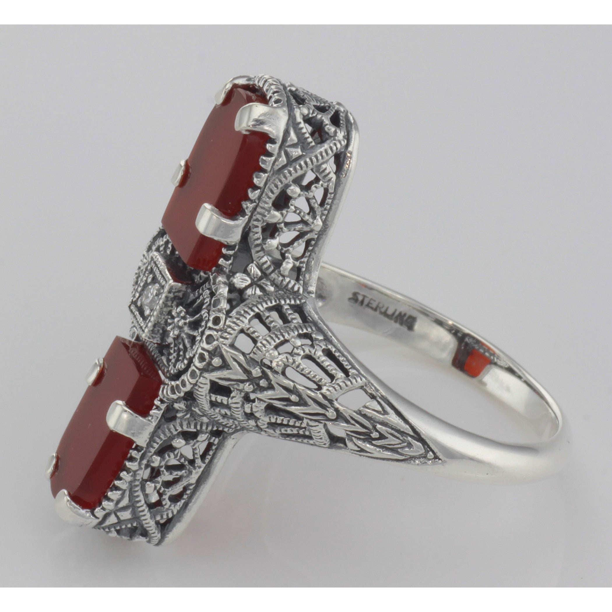 Back view of Art Deco Style 2 Stone Red Carnelian Diamond Filigree Ring Sterling Silver showing 925 sterling silver hallmark