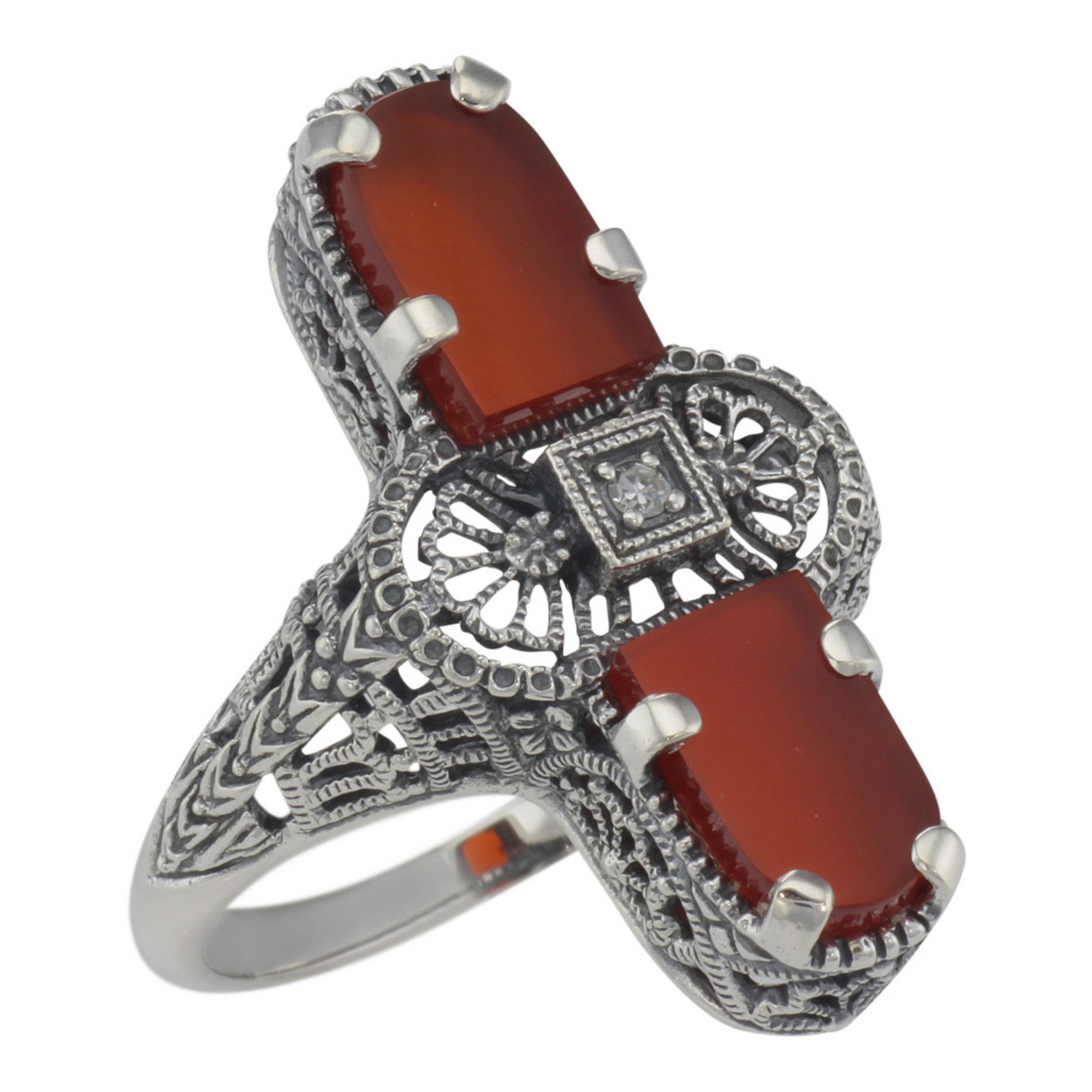 Art Deco style, Diamond, Carnelian, sterling silver rings, front view