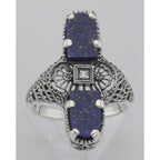 Detail view of Art Deco Style 2 Stone Blue Lapis Diamond Filigree Ring Sterling Silver highlighting Diamond, Lapis