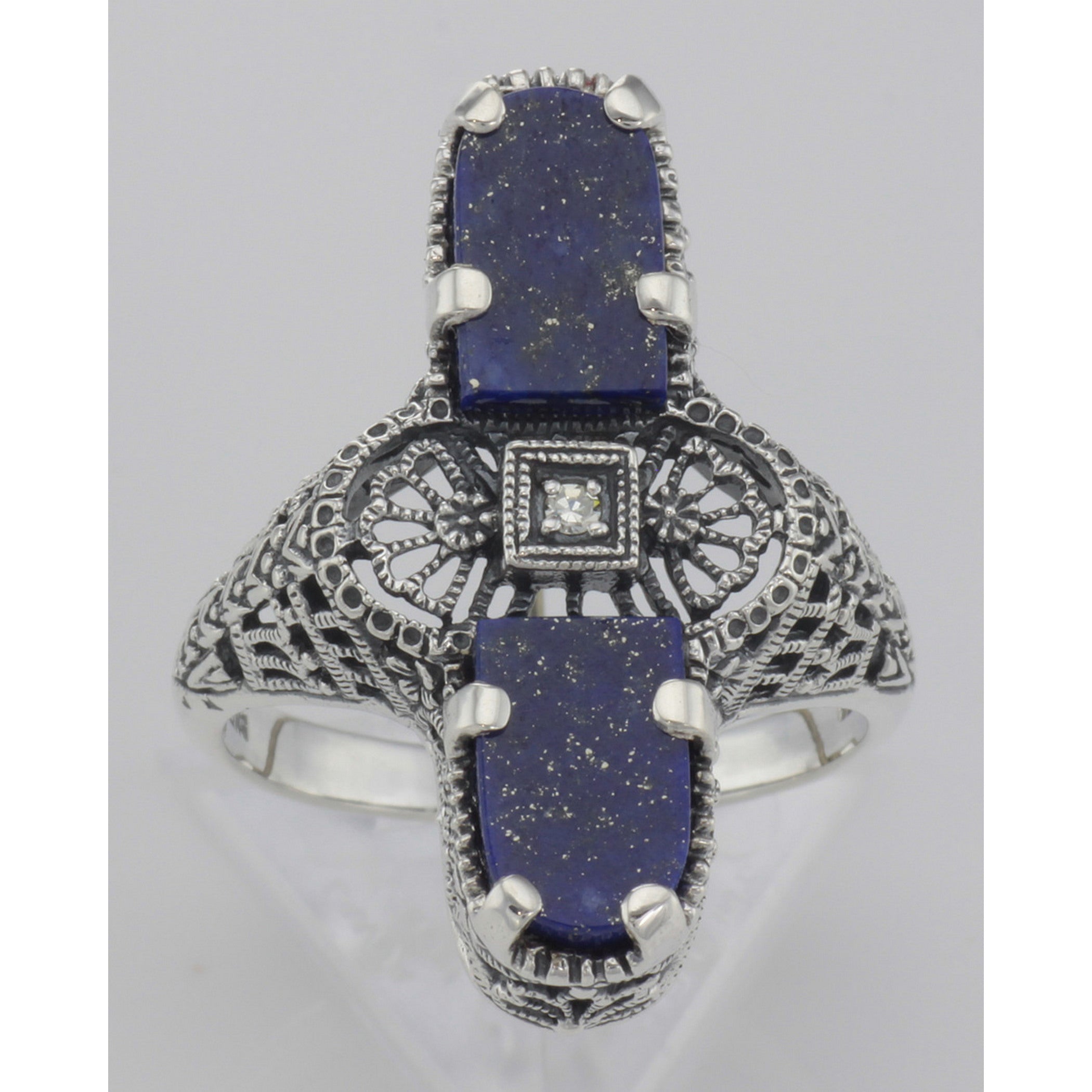 Detail view of Art Deco Style 2 Stone Blue Lapis Diamond Filigree Ring Sterling Silver highlighting Diamond, Lapis