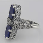 Back view of Art Deco Style 2 Stone Blue Lapis Diamond Filigree Ring Sterling Silver showing 925 sterling silver hallmark