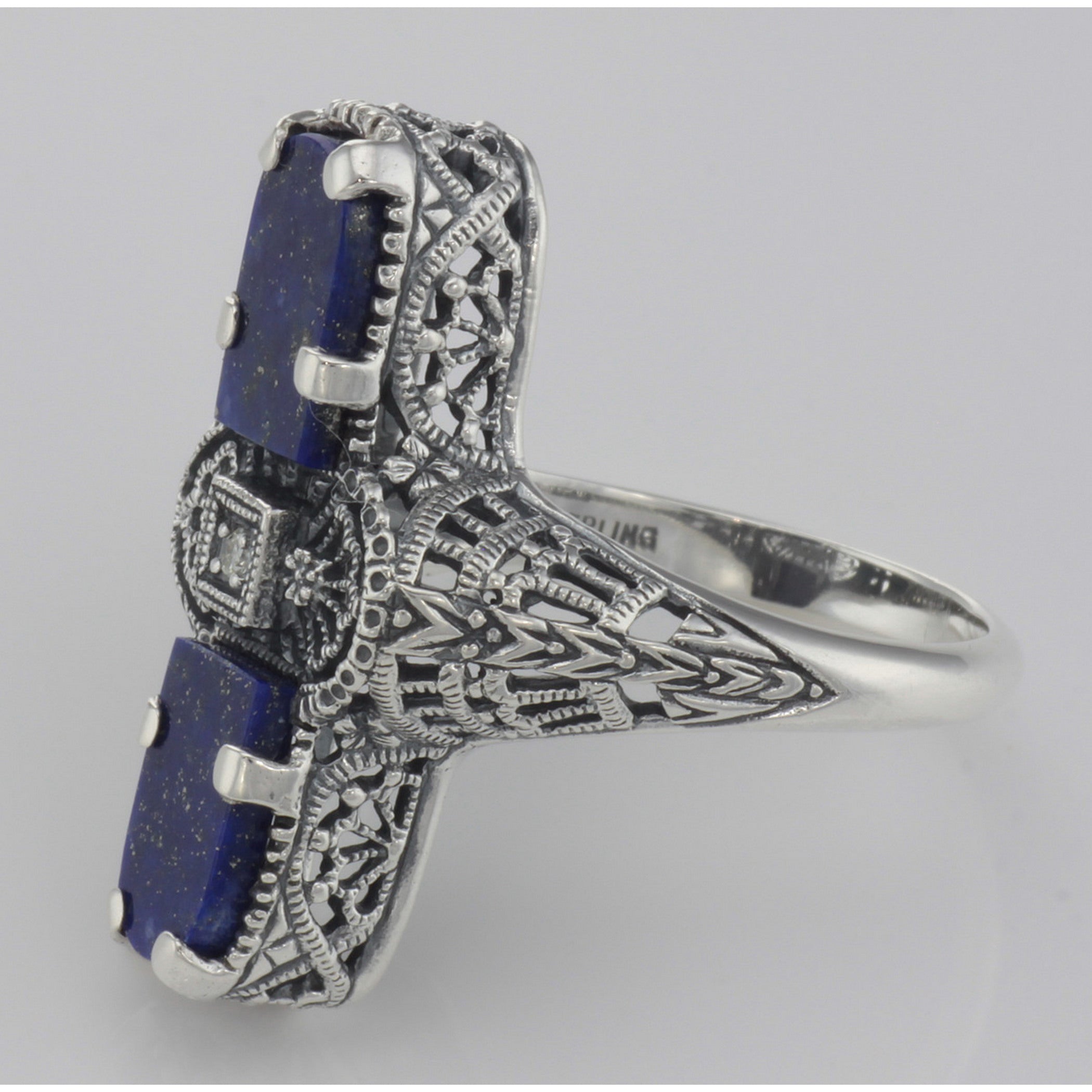 Back view of Art Deco Style 2 Stone Blue Lapis Diamond Filigree Ring Sterling Silver showing 925 sterling silver hallmark