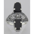 Detail view of Art Deco 2 Stone Black Onyx and Diamond Filigree Ring Sterling Silver highlighting Diamond, Black Onyx