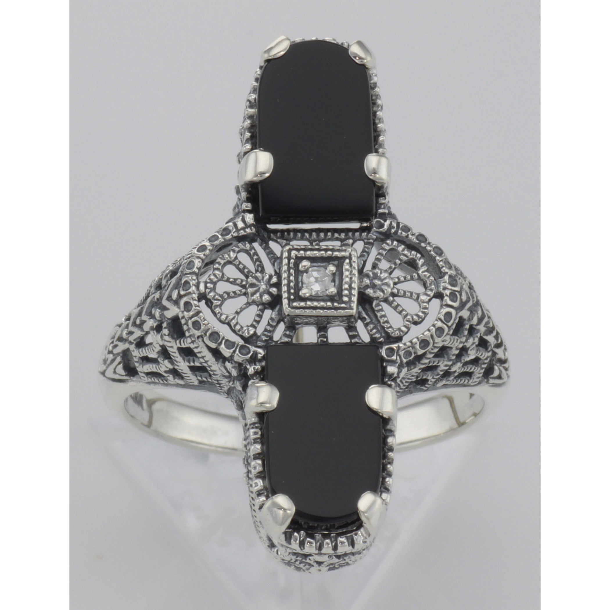 Detail view of Art Deco 2 Stone Black Onyx and Diamond Filigree Ring Sterling Silver highlighting Diamond, Black Onyx
