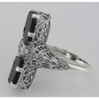 Back view of Art Deco 2 Stone Black Onyx and Diamond Filigree Ring Sterling Silver showing 925 sterling silver hallmark