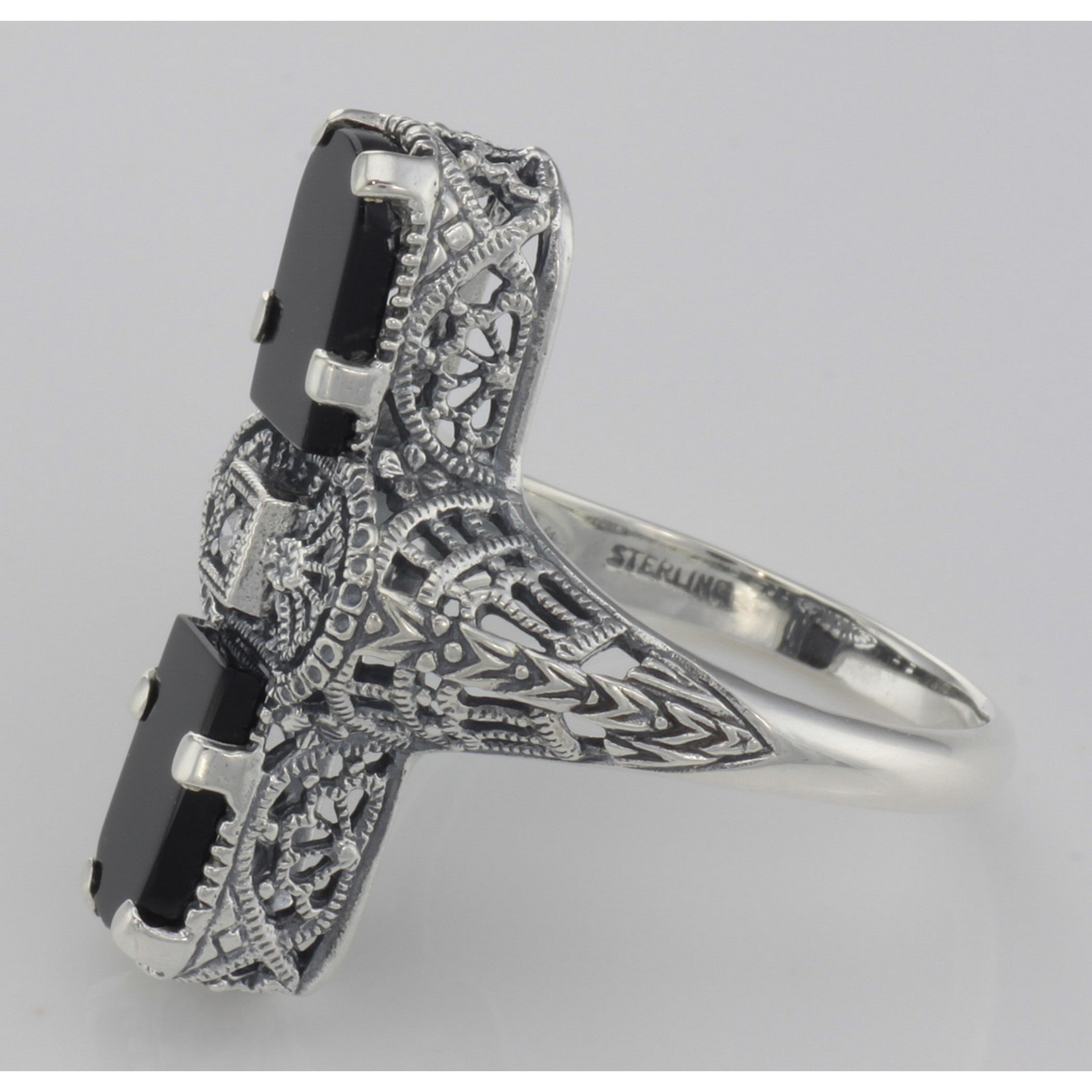 Back view of Art Deco 2 Stone Black Onyx and Diamond Filigree Ring Sterling Silver showing 925 sterling silver hallmark
