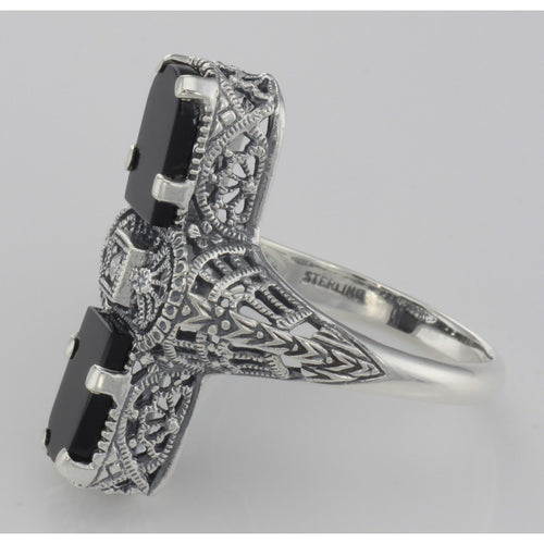 Back view of Art Deco 2 Stone Black Onyx and Diamond Filigree Ring Sterling Silver showing 925 sterling silver hallmark