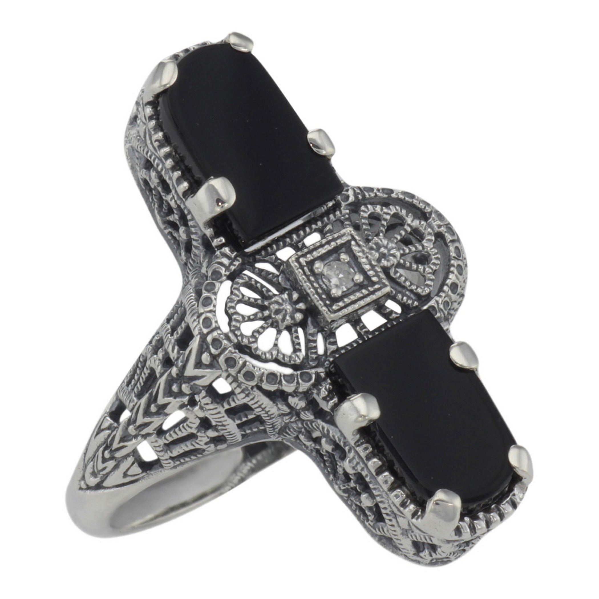 Art Deco style, Diamond, Black Onyx, sterling silver rings, front view
