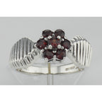 Detail view of Beautiful Genuine Red Garnet Floral Design Ring highlighting Garnet