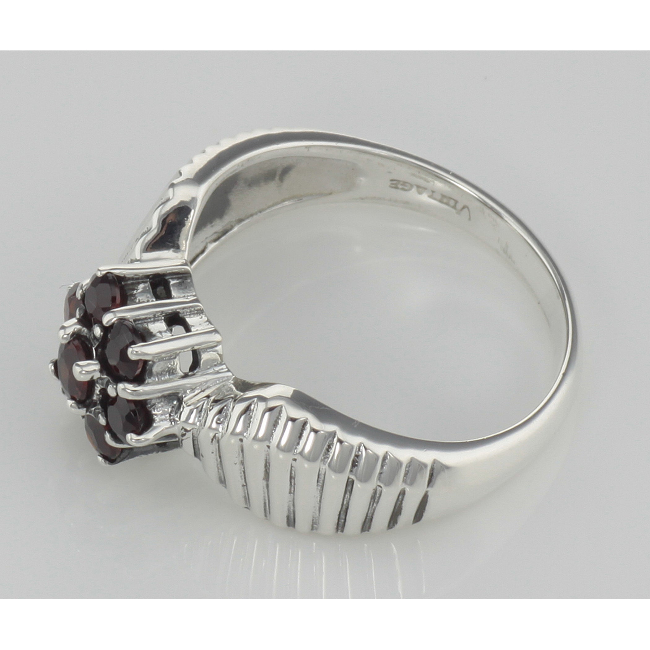 Back view of Beautiful Genuine Red Garnet Floral Design Ring showing 925 sterling silver hallmark