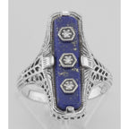 Detail view of Art Deco Style Blue Lapis Filigree Ring 3 Diamond Accents Sterling Silver highlighting Diamond, Lapis