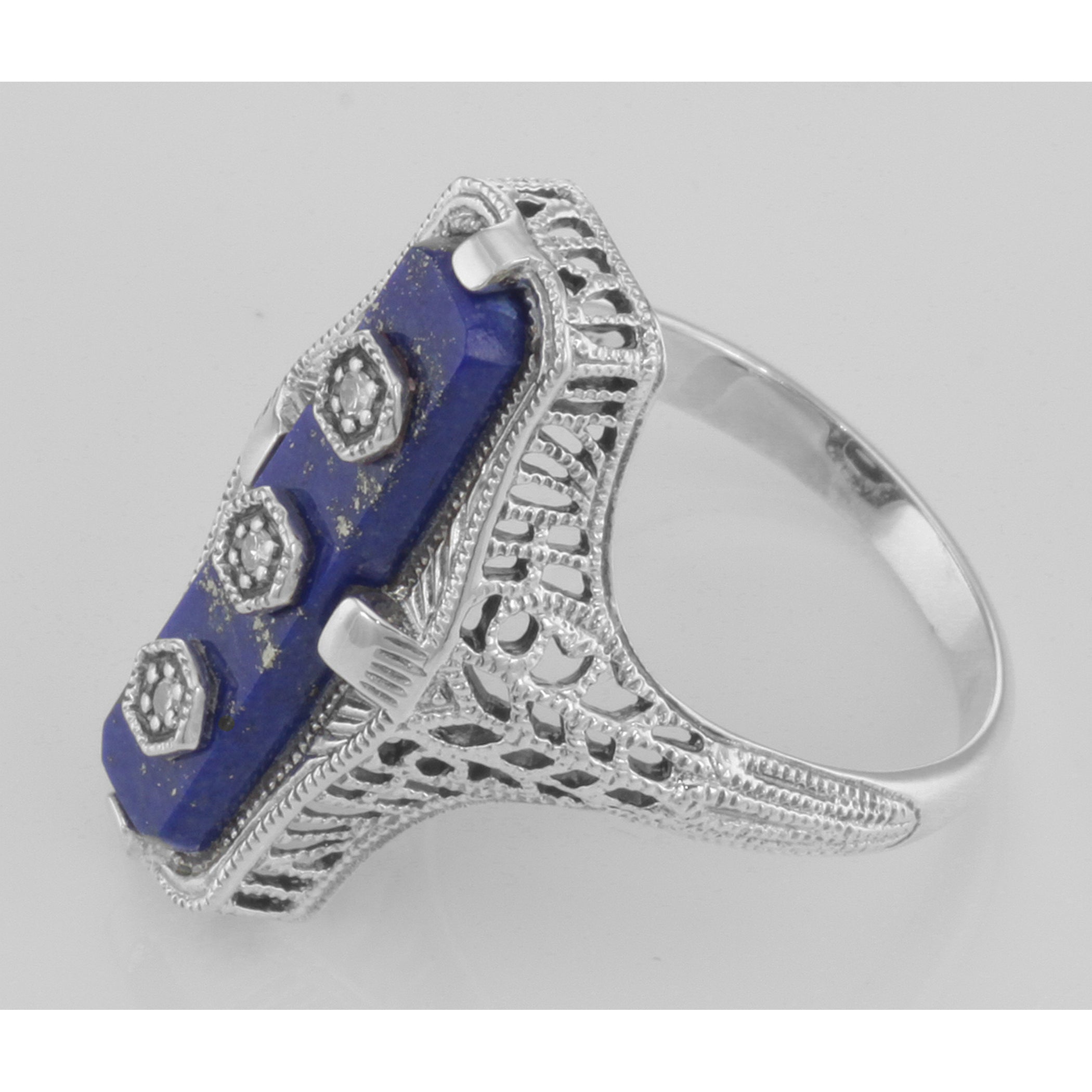 Back view of Art Deco Style Blue Lapis Filigree Ring 3 Diamond Accents Sterling Silver showing 925 sterling silver hallmark