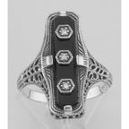 Detail view of Art Deco Style Black Onyx Filigree Ring 3 Diamond Accents Sterling Silver highlighting Diamond, Black Onyx