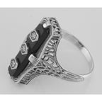 Back view of Art Deco Style Black Onyx Filigree Ring 3 Diamond Accents Sterling Silver showing 925 sterling silver hallmark