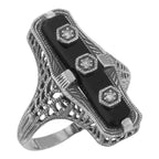 Art Deco style, Diamond, Black Onyx, sterling silver rings, front view