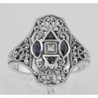 Detail view of Art Deco Style Filigree Diamond Ring w/ 4 Blue Sapphires highlighting Sapphire, Diamond