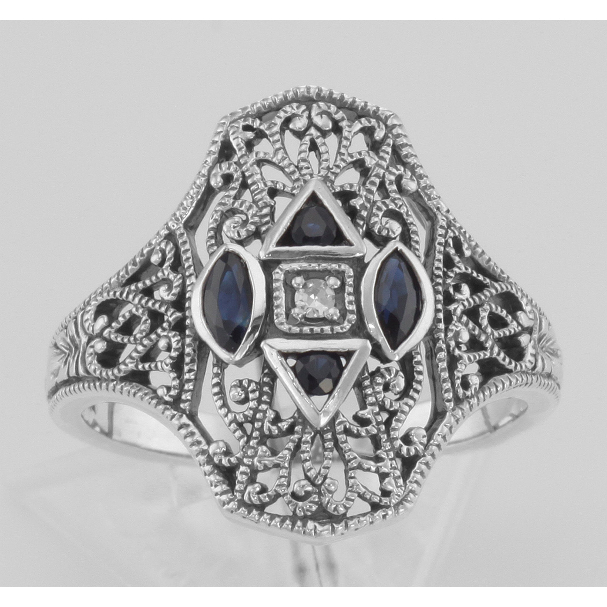 Detail view of Art Deco Style Filigree Diamond Ring w/ 4 Blue Sapphires highlighting Sapphire, Diamond