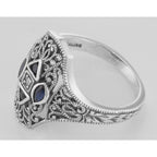 Back view of Art Deco Style Filigree Diamond Ring w/ 4 Blue Sapphires showing 925 sterling silver hallmark