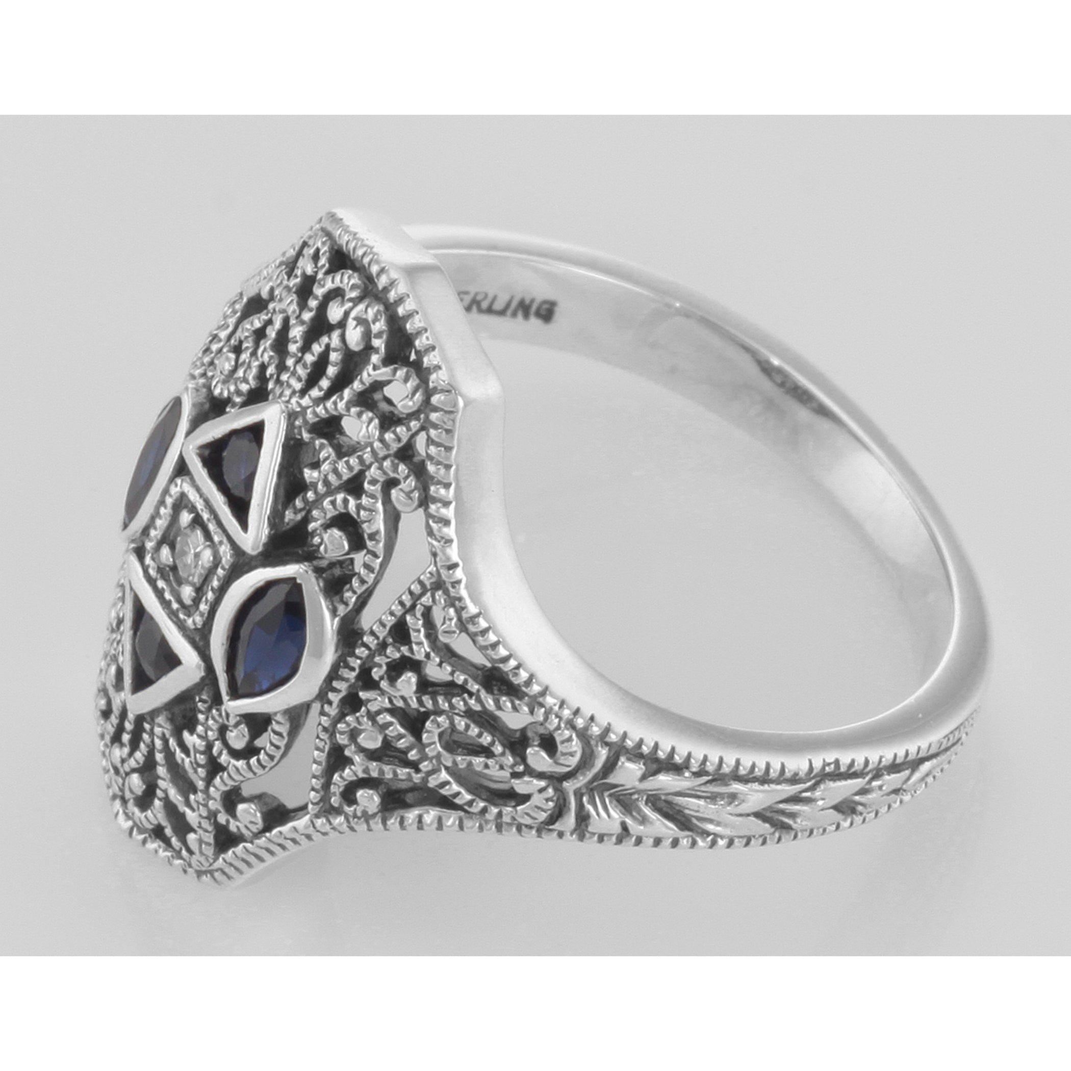 Back view of Art Deco Style Filigree Diamond Ring w/ 4 Blue Sapphires showing 925 sterling silver hallmark