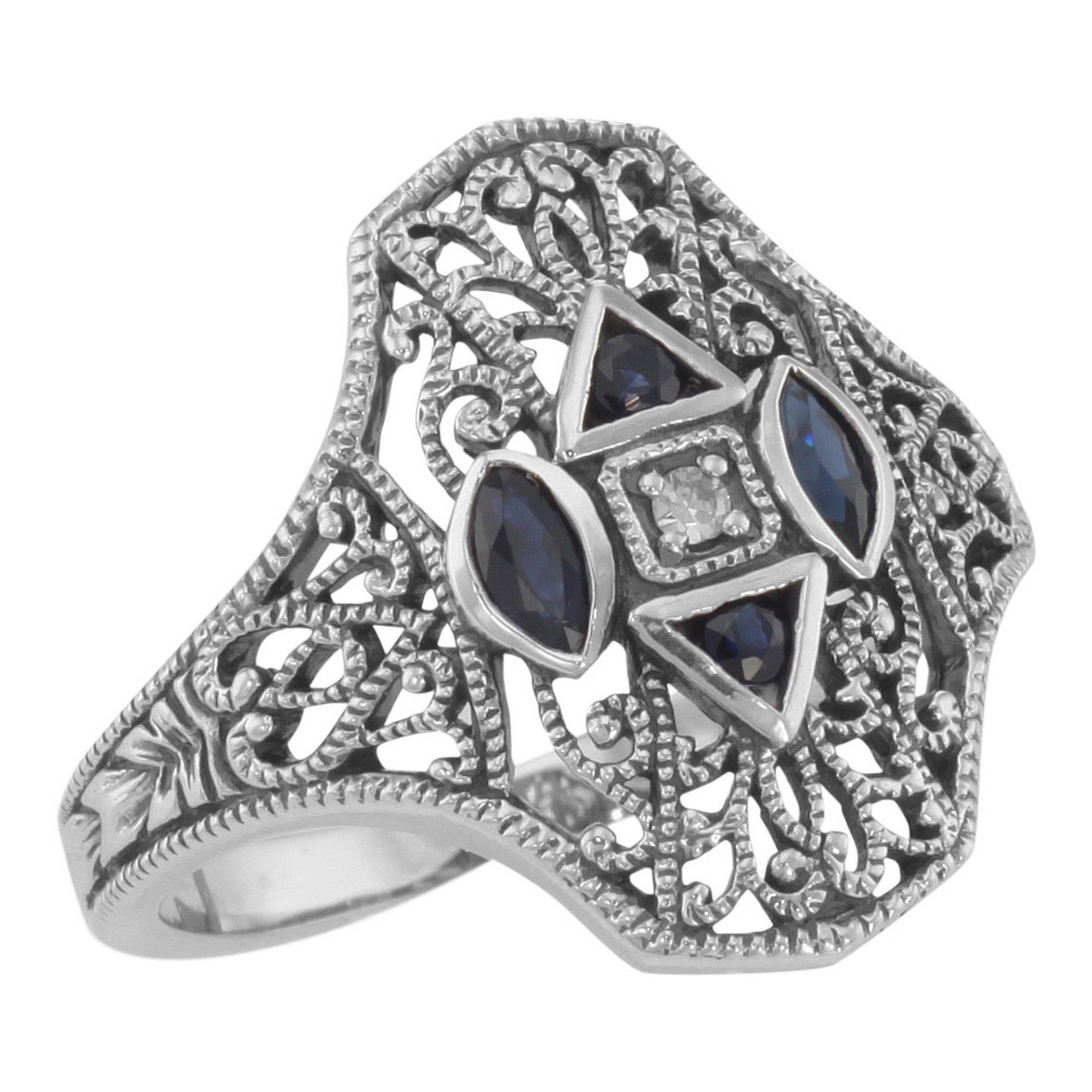Art Deco style, Sapphire, Diamond, sterling silver rings, front view