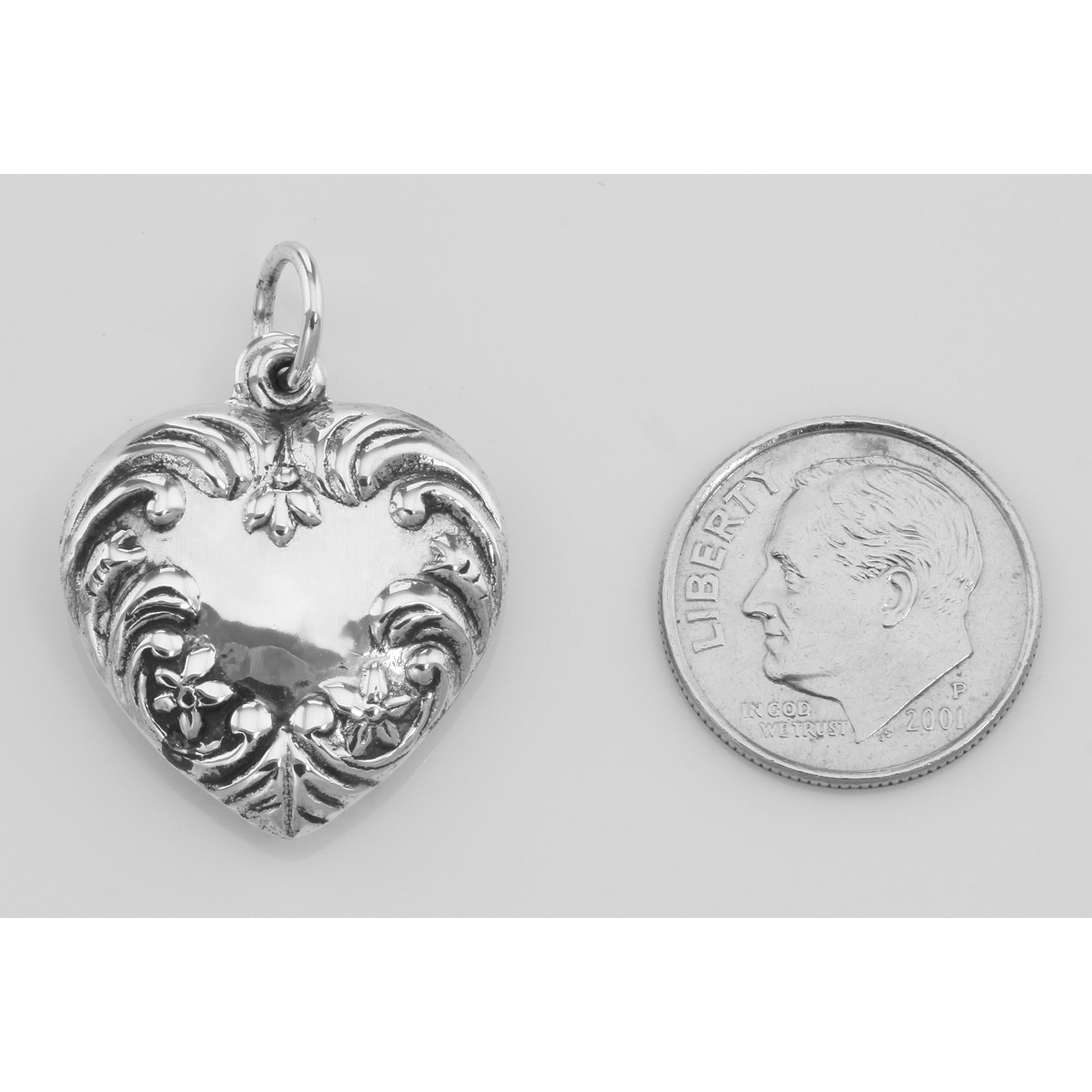Back view of Antique Style Heart Charm or Pendant showing 925 sterling silver hallmark and spring ring clasp