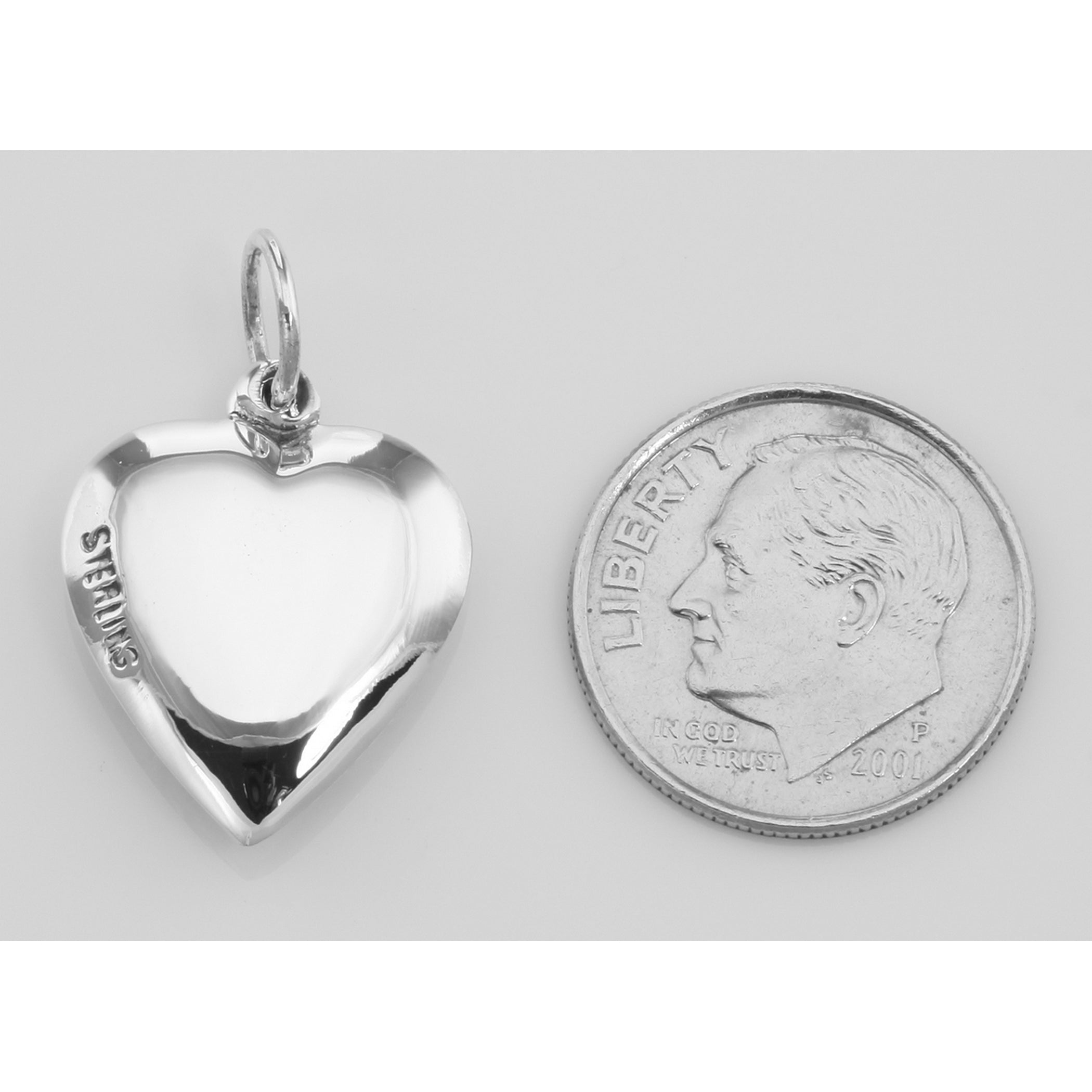 Back view of Heart Charm or Pendant showing 925 sterling silver hallmark and spring ring clasp