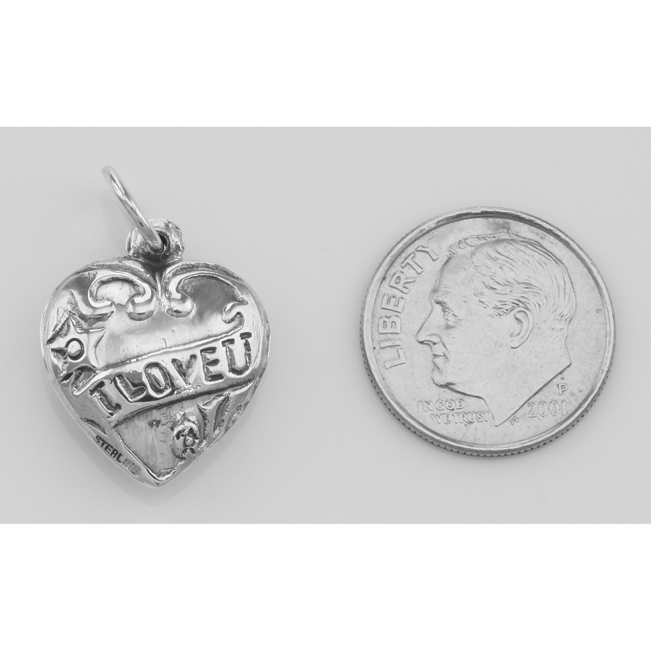 Back view of I Love U Heart Charm showing 925 sterling silver hallmark and jump ring attachment