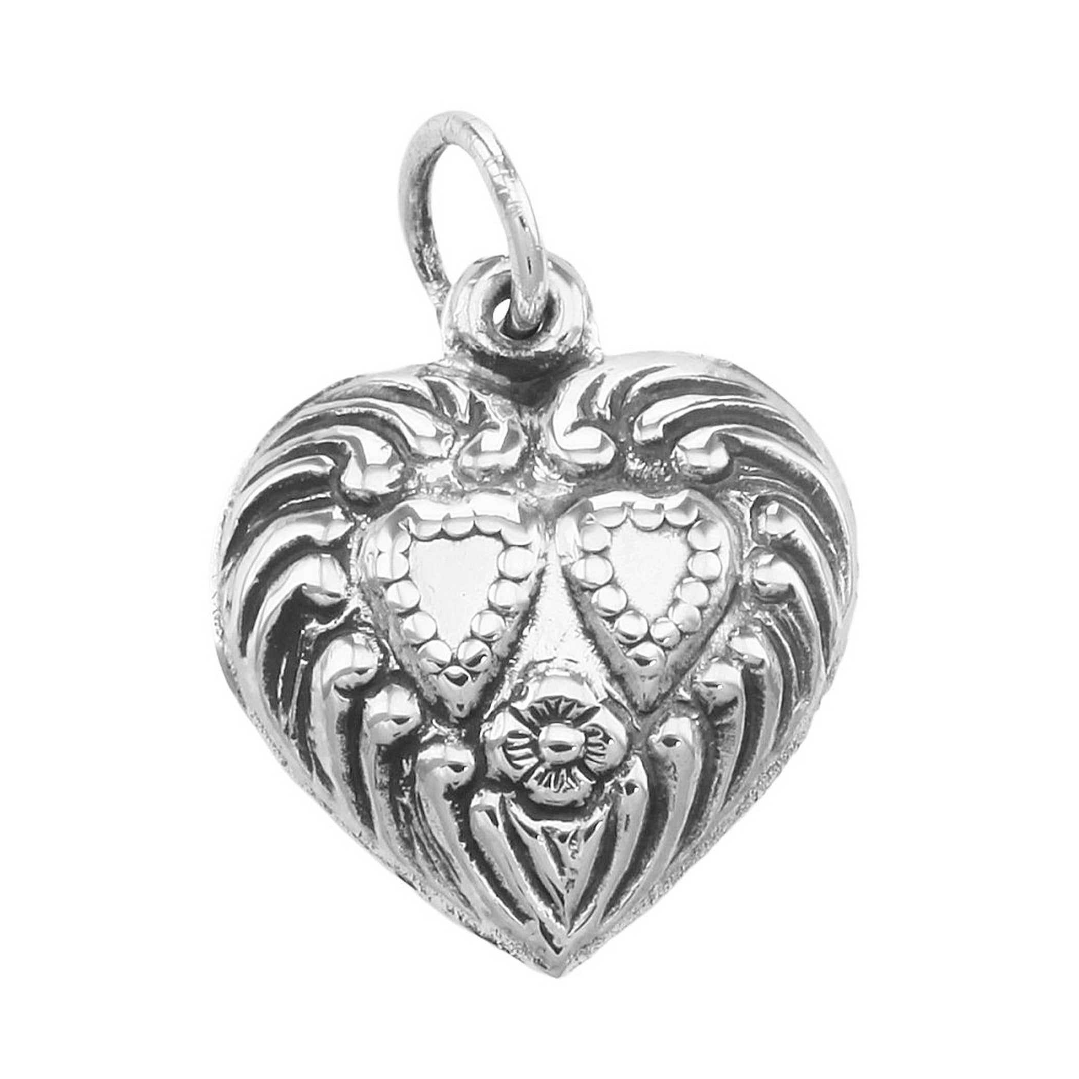 Antique style, sterling silver charms, front view