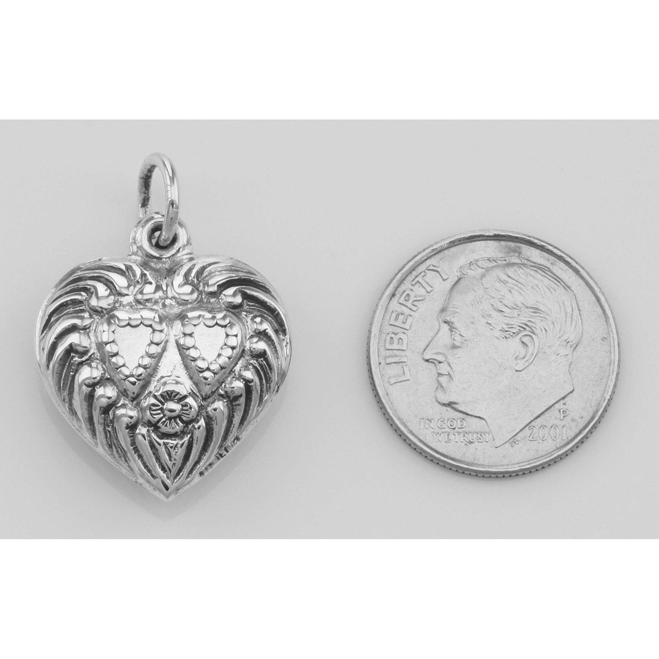 Back view of Antique Style Double Heart Charm or Pendant showing 925 sterling silver hallmark and spring ring clasp