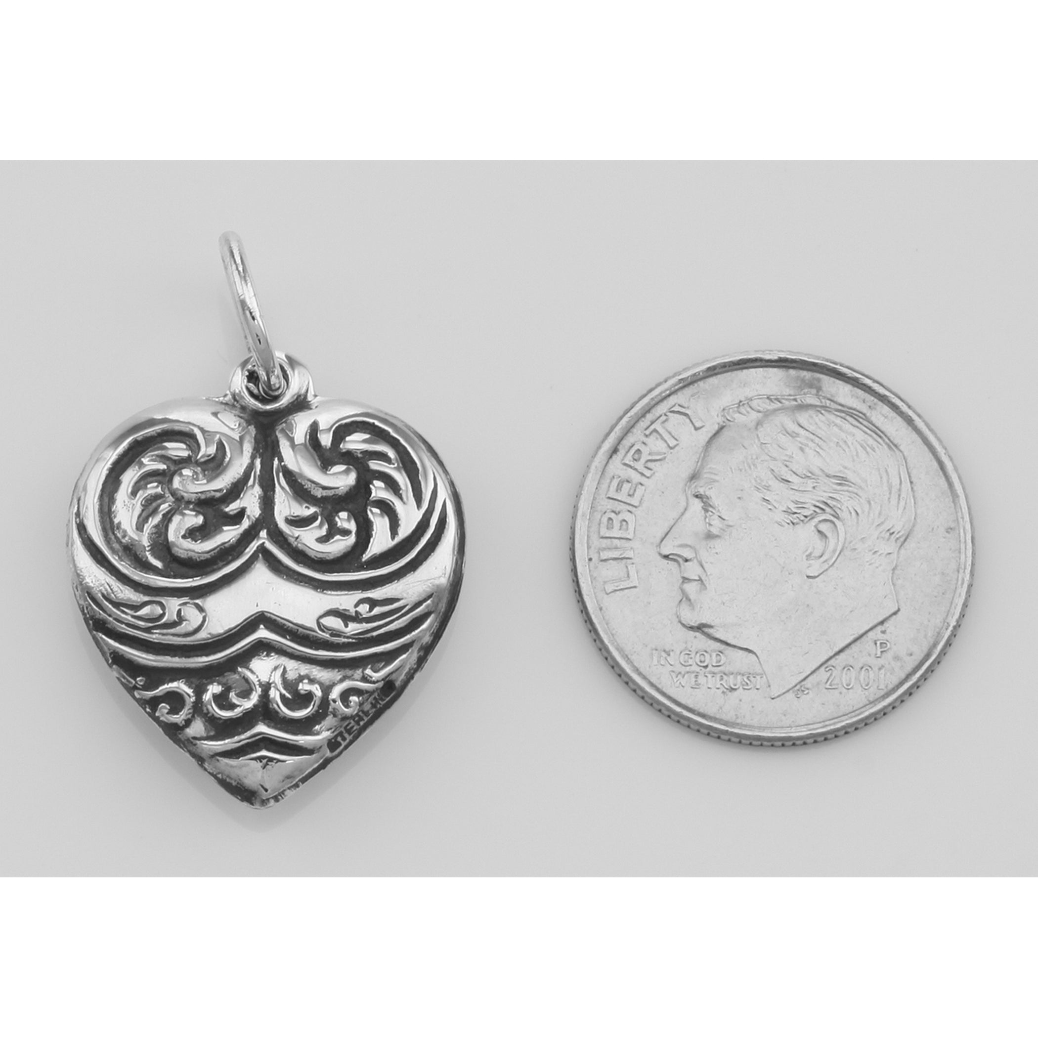 Back view of Heart Charm or Pendant showing 925 sterling silver hallmark and spring ring clasp