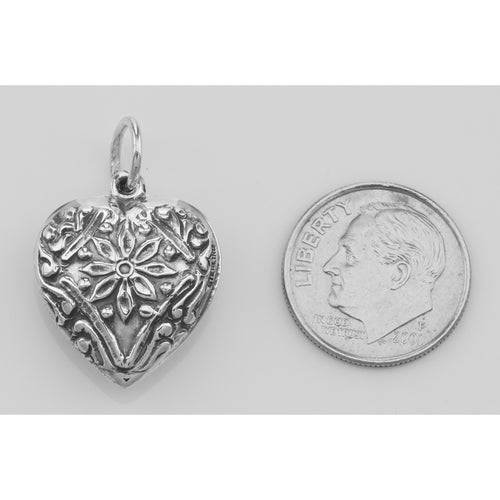 Back view of Antique Style Floral Heart Charm or Pendant showing 925 sterling silver hallmark and spring ring clasp