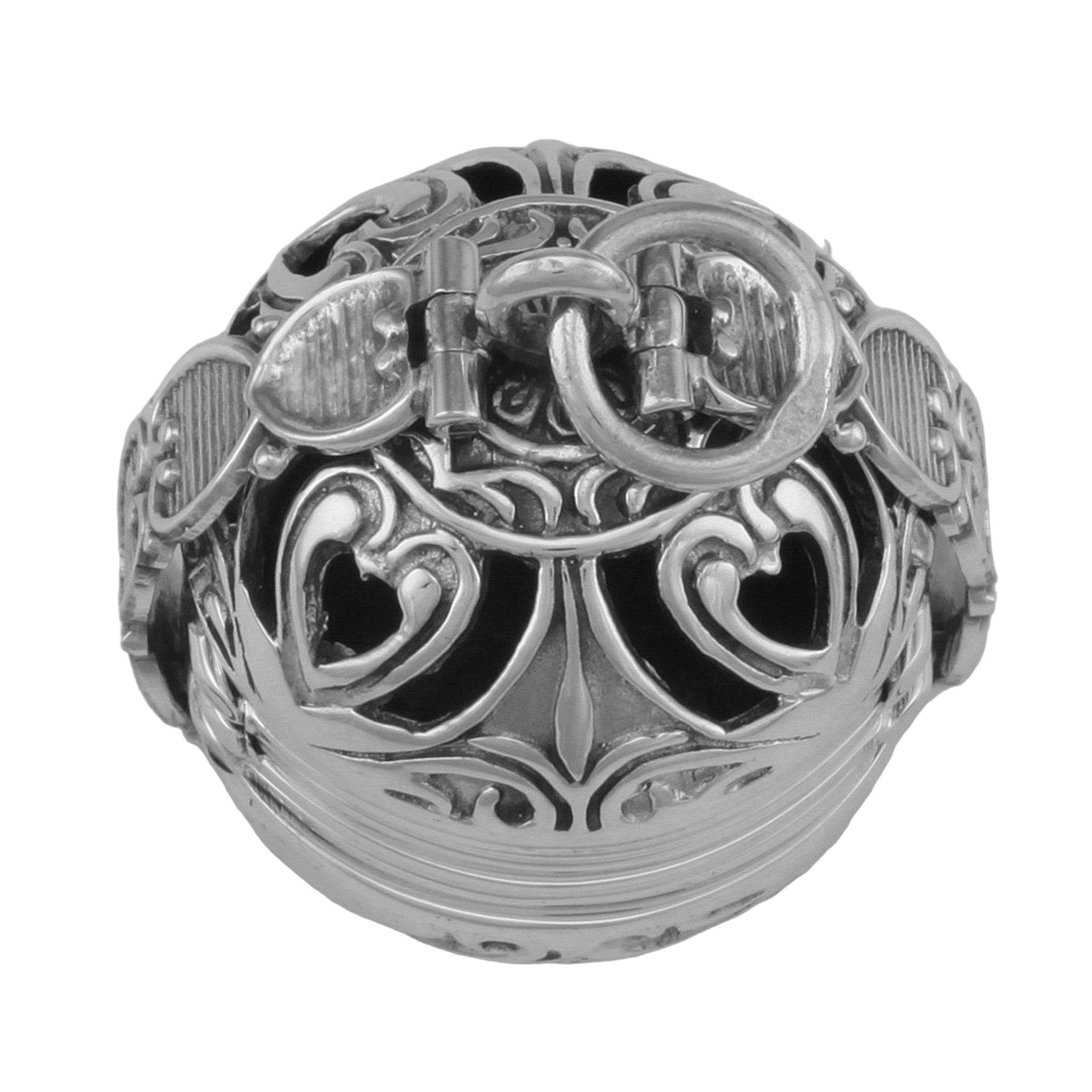 Detail view of Victorian Style 6 Photo Ball Locket Pendant In Fine Sterling Silver highlighting design details
