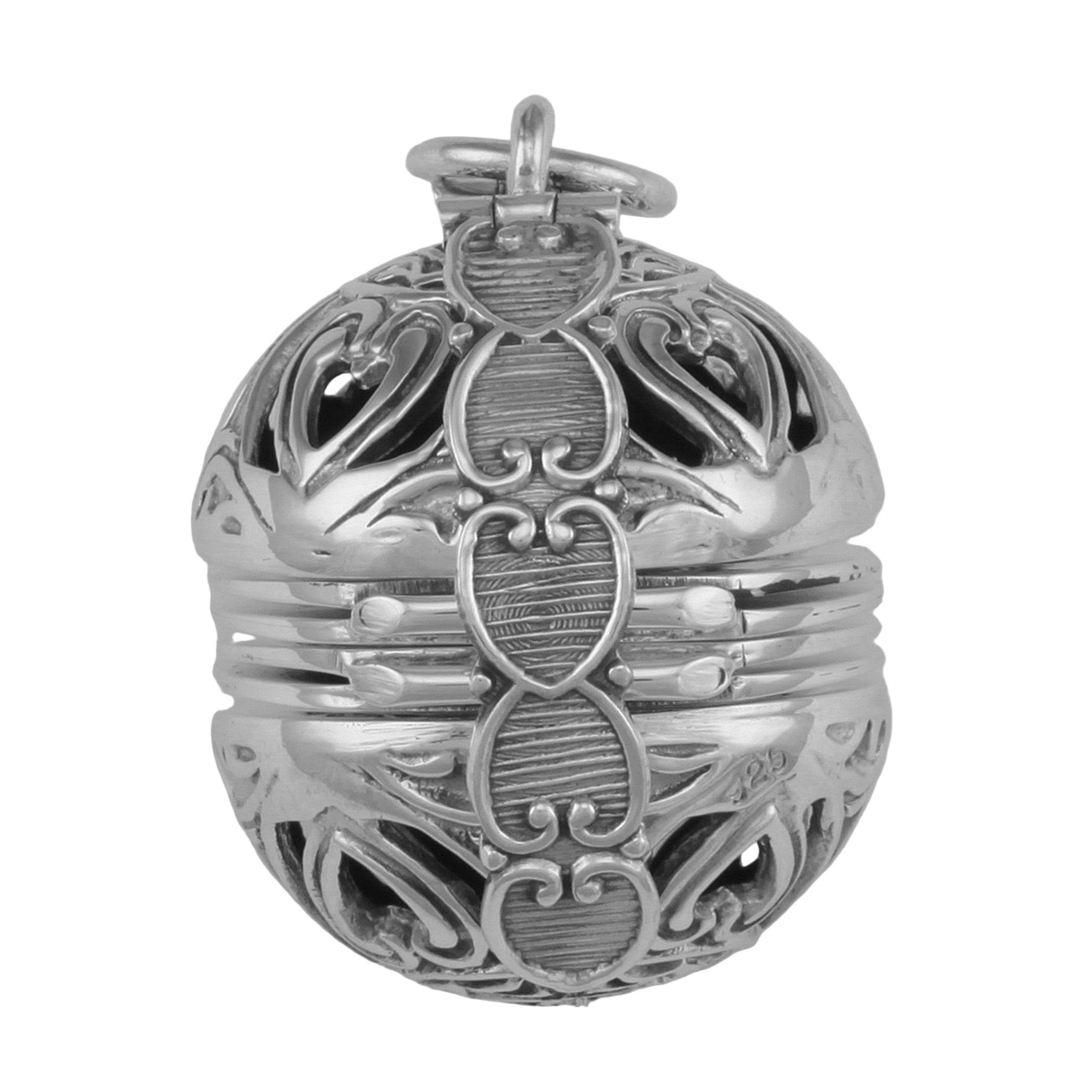 Back view of Victorian Style 6 Photo Ball Locket Pendant In Fine Sterling Silver showing 925 sterling silver hallmark and spr