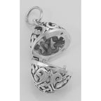 Back view of Egg Filigree Aromatherapy Locket Pendant showing 925 sterling silver hallmark and spring ring clasp