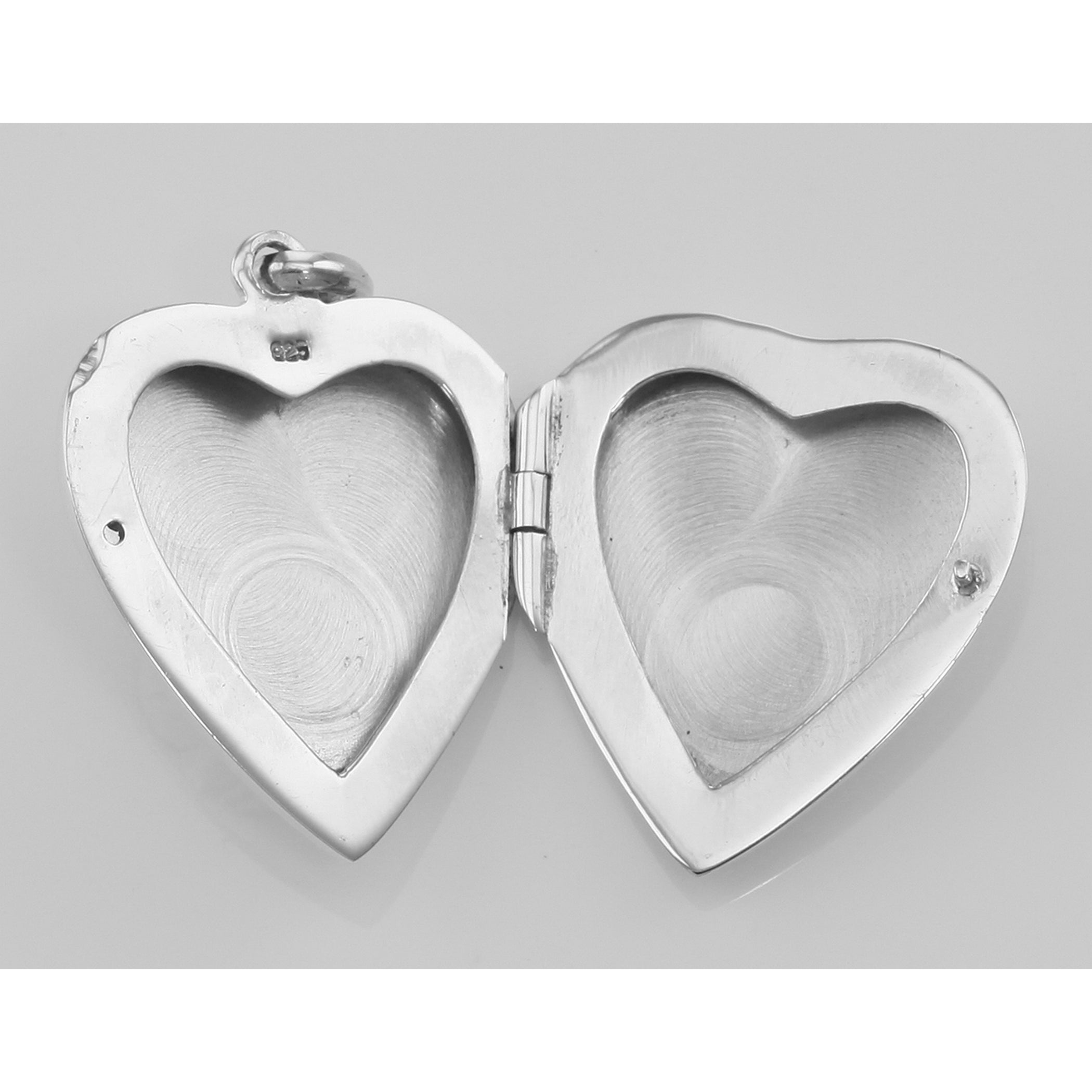 Back view of Heart Shaped Cat Sterling Silver Locket Pendant showing 925 sterling silver hallmark and spring ring clasp