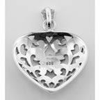 Back view of Victorian Style Openwork Marcasite Heart Pendant showing 925 sterling silver hallmark and spring ring clasp