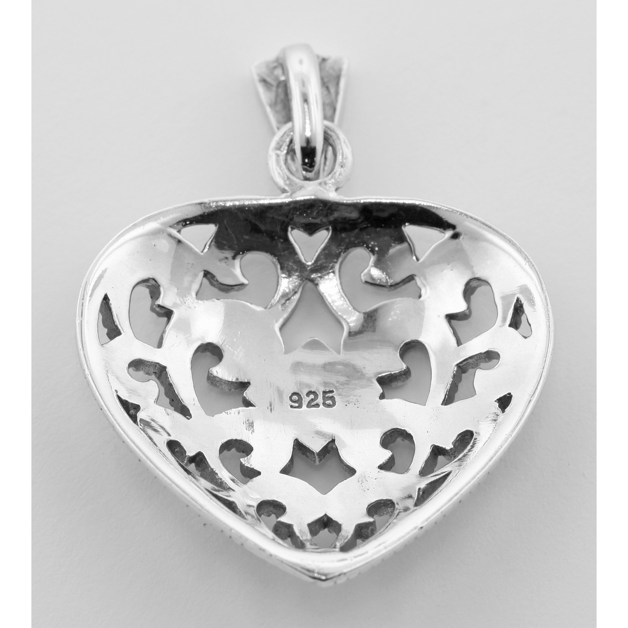 Back view of Victorian Style Openwork Marcasite Heart Pendant showing 925 sterling silver hallmark and spring ring clasp