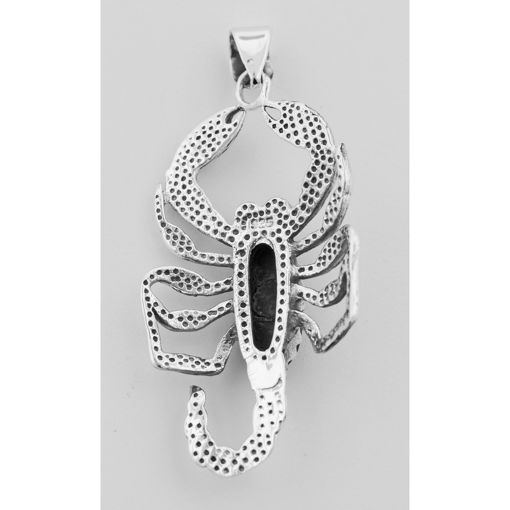 Back view of Scorpion Pendant - Onyx / Carnelian - Scorpio showing 925 sterling silver hallmark and spring ring clasp