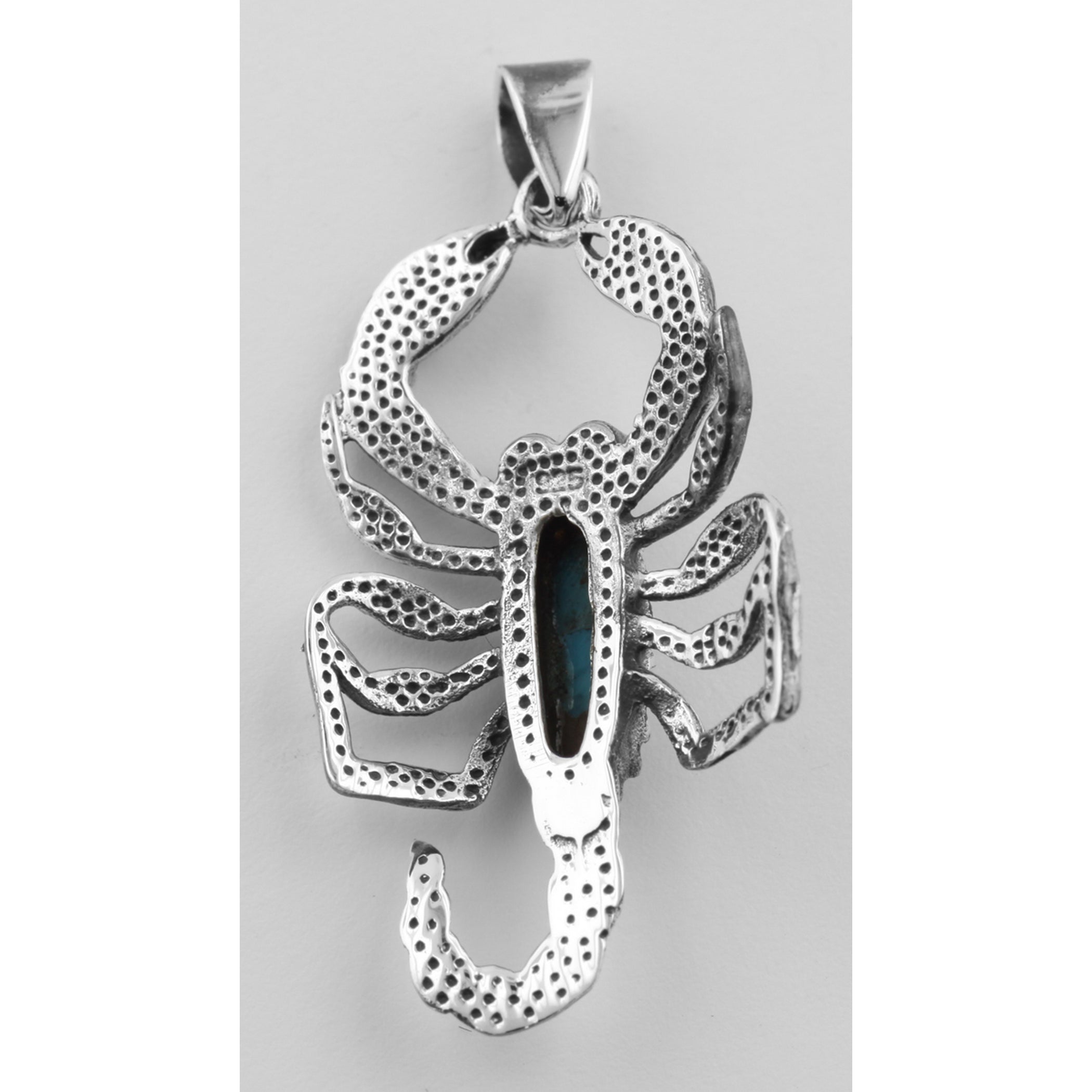 Back view of Scorpion Pendant Turquoise / Carnelian Sterling Silver showing 925 sterling silver hallmark and spring ring clas