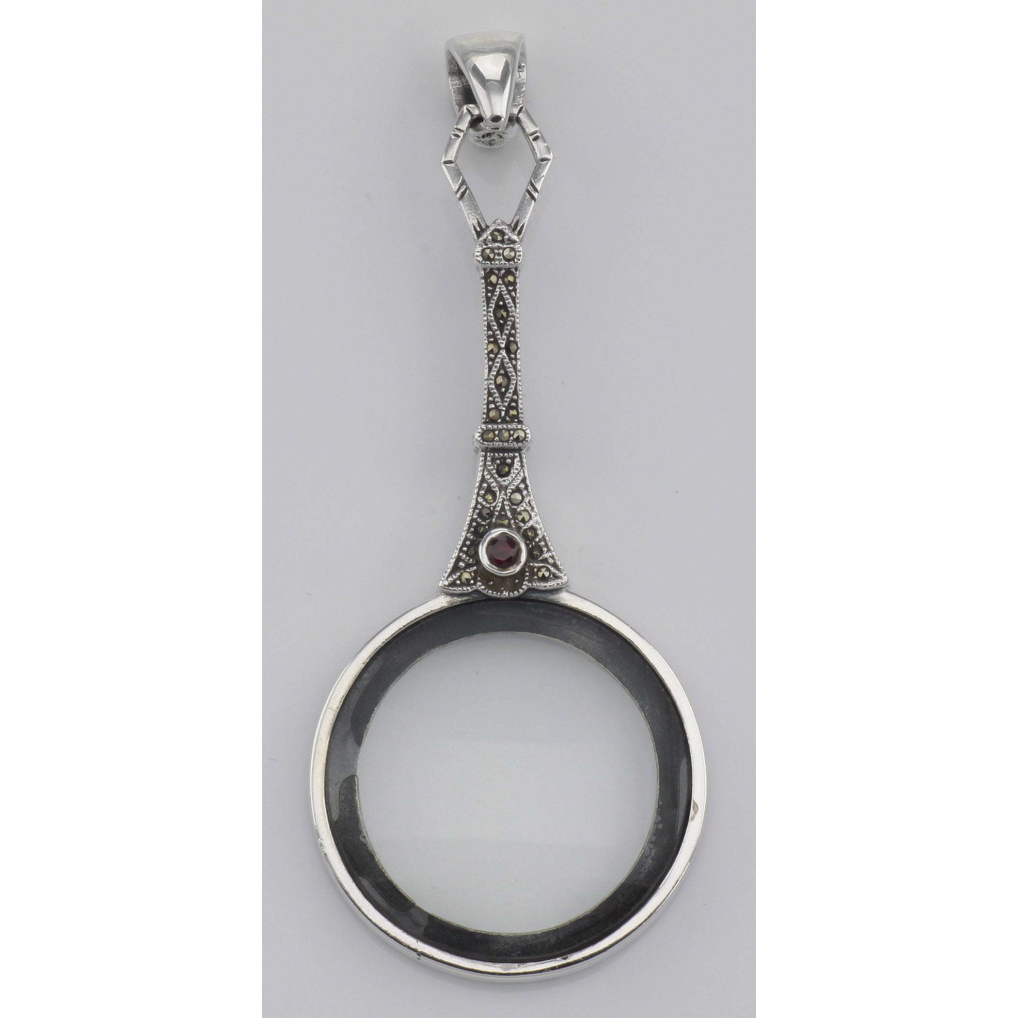 Back view of Antique Style Marcasite / Garnet Magnifying Glass Pendant 3X showing 925 sterling silver hallmark and spring rin