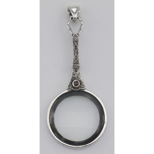 Back view of Antique Style Marcasite / Garnet Magnifying Glass Pendant 3X showing 925 sterling silver hallmark and spring rin