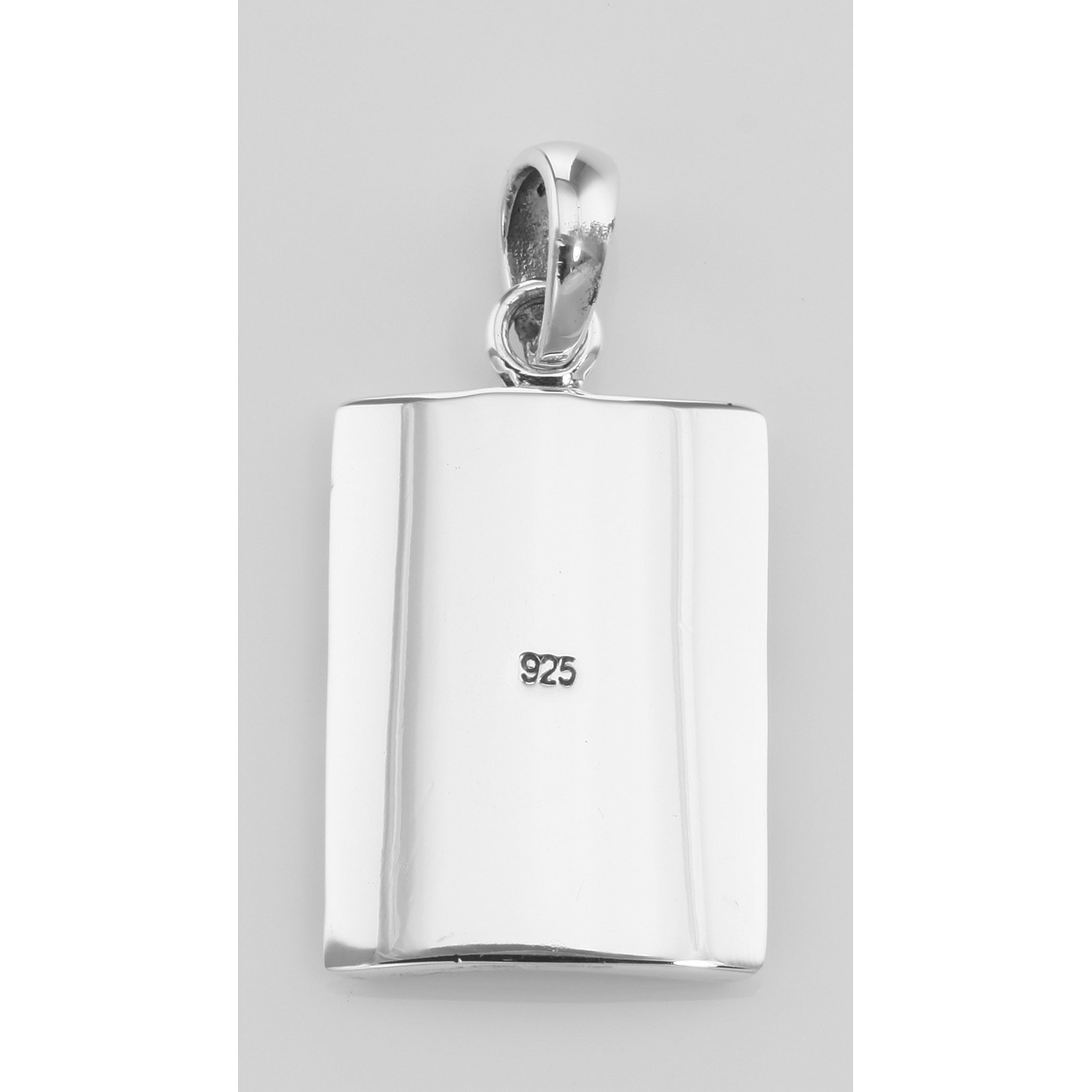Back view of Rectangular Shaped Pendant w/ Border Design showing 925 sterling silver hallmark and spring ring clasp