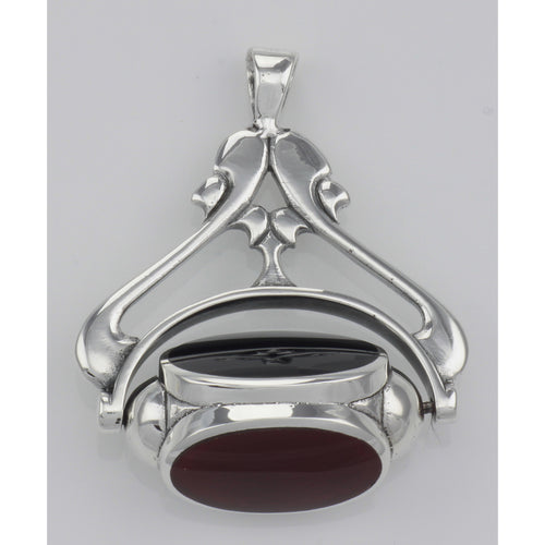 Back view of Antique Style 3 Stone Spinning Fob Pendant showing 925 sterling silver hallmark and spring ring clasp