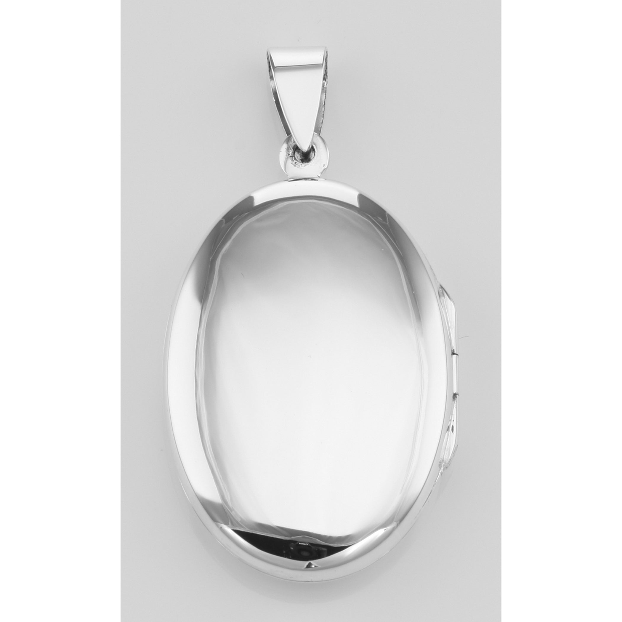 Back view of Antique Style Oval Floral Locket Pendant showing 925 sterling silver hallmark and spring ring clasp