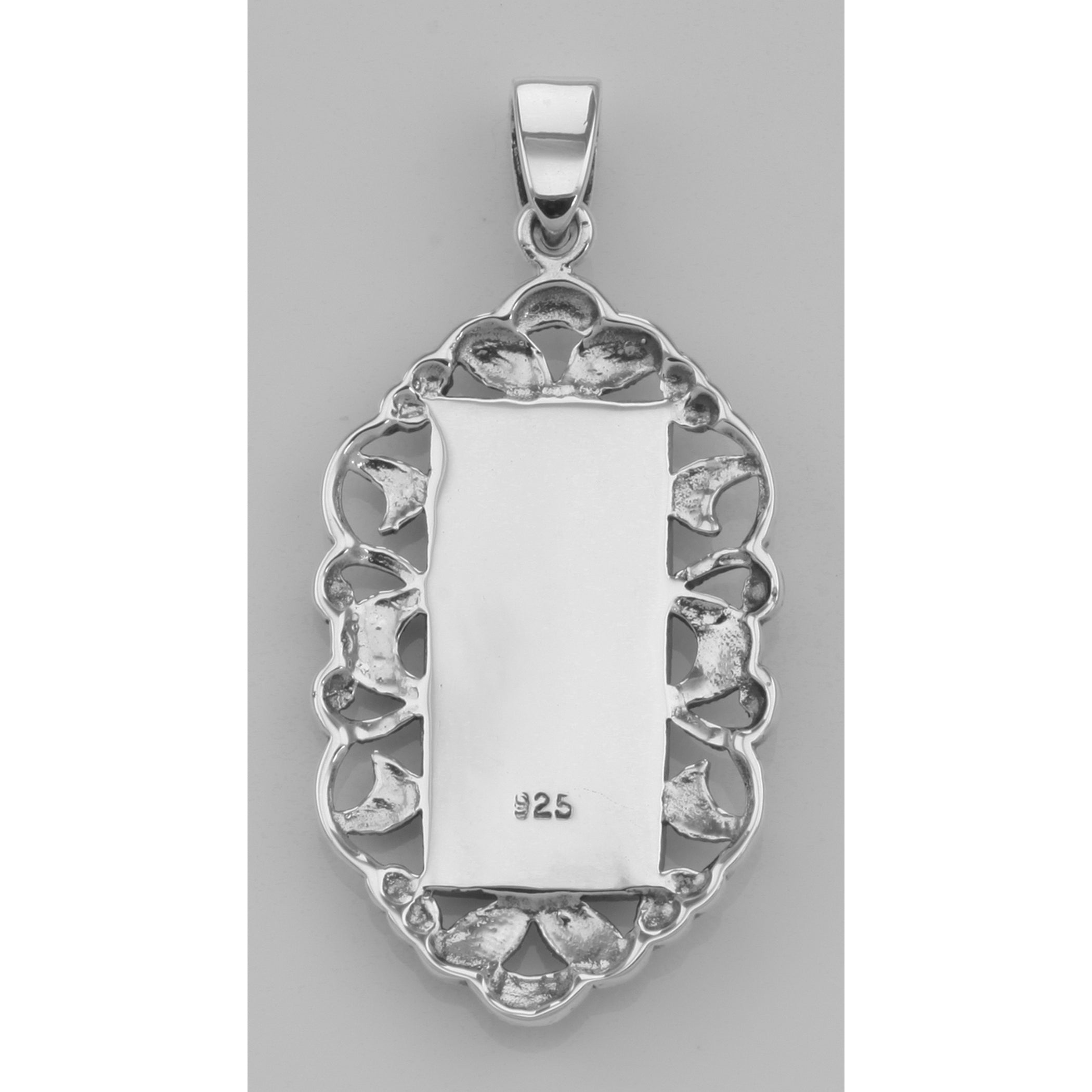 Back view of Antique Style Marcasite and Purple Mother of Pear Pendant showing 925 sterling silver hallmark and spring ring c